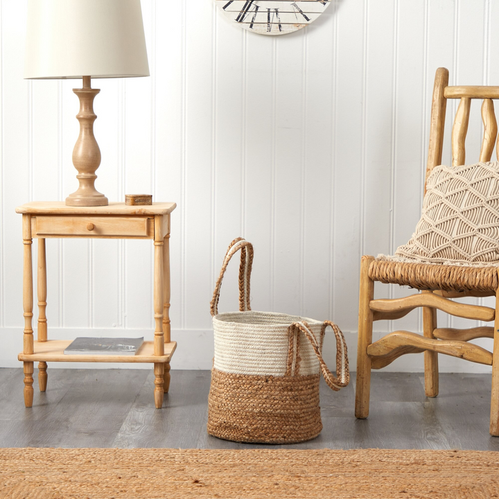 14” Boho Chic Basket Natural Cotton and Jute with Handles with Background