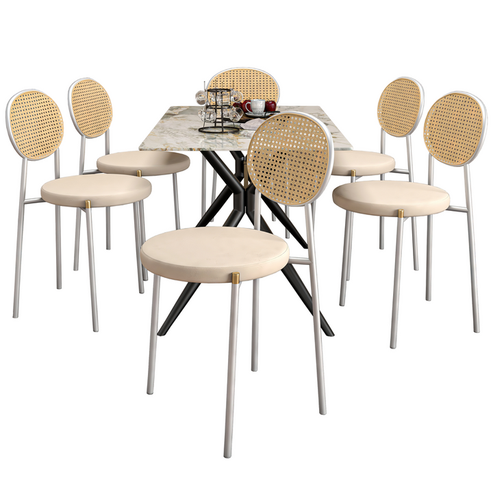 LeisureMod 7-Piece Dining Set with Rectangular Sintered Stone Dining Table and 6 Velvet Dining Side Chairs with Wicker Back Beige