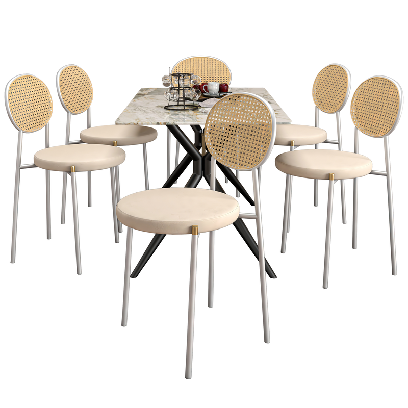 LeisureMod 7-Piece Dining Set with Rectangular Sintered Stone Dining Table and 6 Velvet Dining Side Chairs with Wicker Back Beige