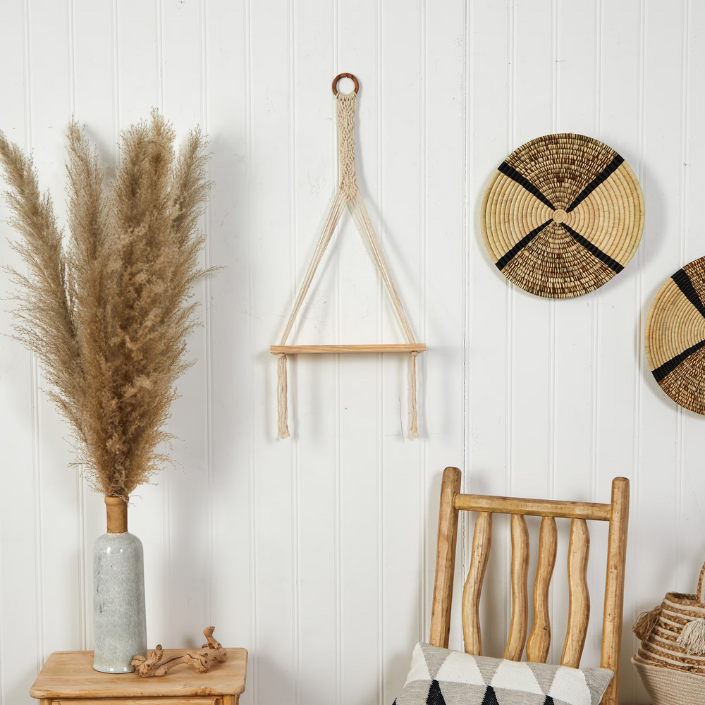 14” x 24” Handmade Macrame Wall Hanging with Wooden Shelf in Room