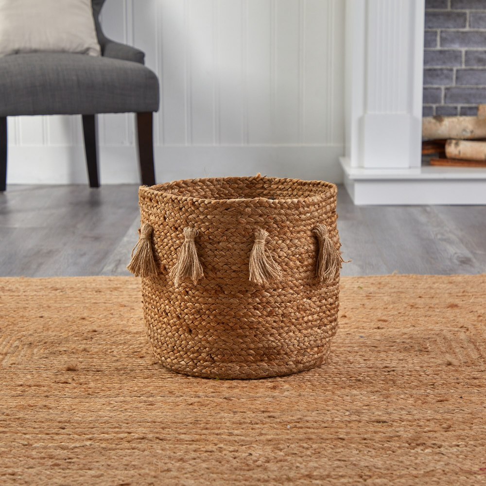 12.5” Boho Chic Natural Hand-Woven Jute Basket with Tassels with Background