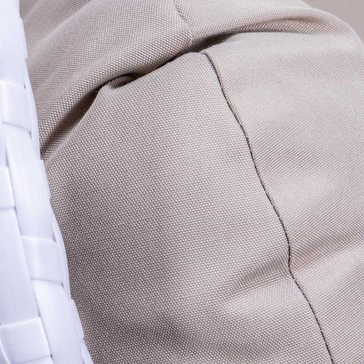 LeisureMod White Wicker Hanging 2 person Egg Swing Chair White/Taupe Cushion Closeup.