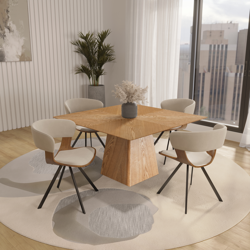 LeisureMod 5-Piece Dining Set with Square Wooden Table in Natural Wood and 4 Velvet Dining Chairs in Walnut/Light Brown Velvet in Room.