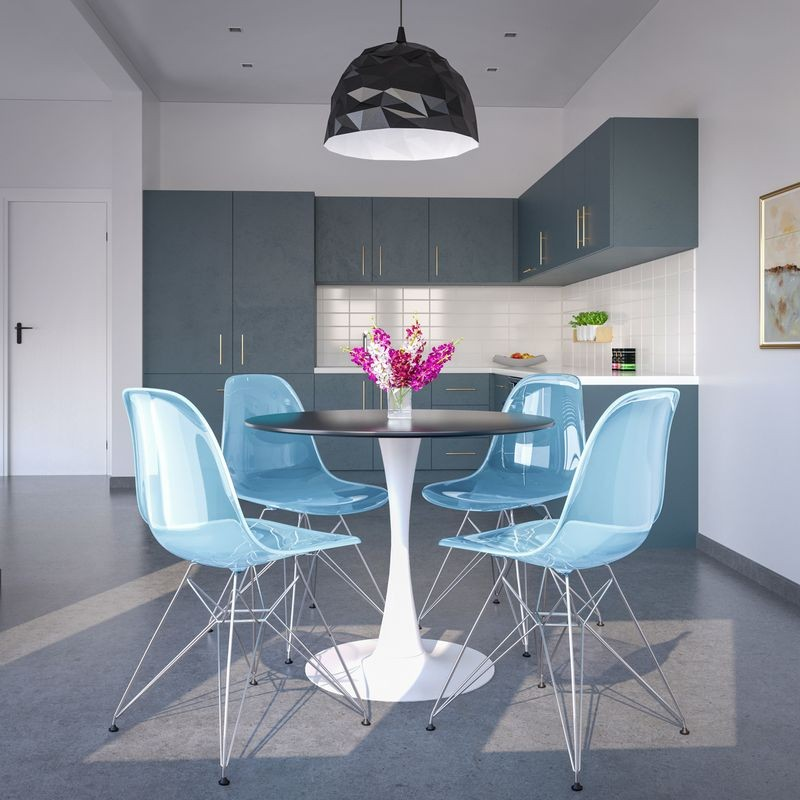 LeisureMod 5-Piece Dining Set 35" Round Dining Table in White Iron 4 ABS Plastic Side Chair in Chrome Transparent Blue in Room.