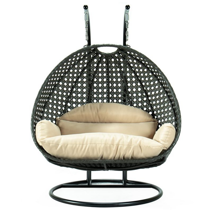 LeisureMod Charcoal Wicker Hanging 2 person Egg Swing Chair Beige Front View.