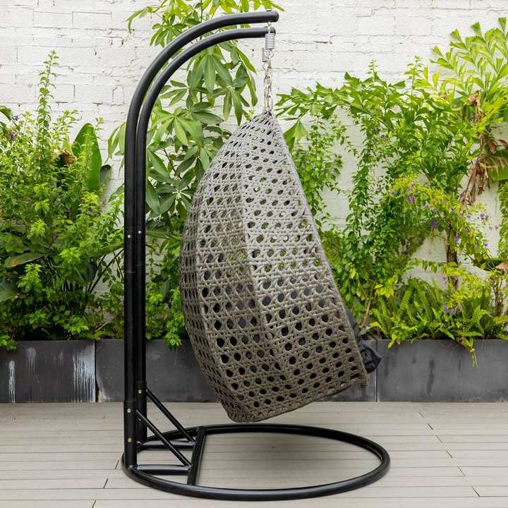 LeisureMod Charcoal Wicker Hanging 2 person Egg Swing Chair Black Side View.