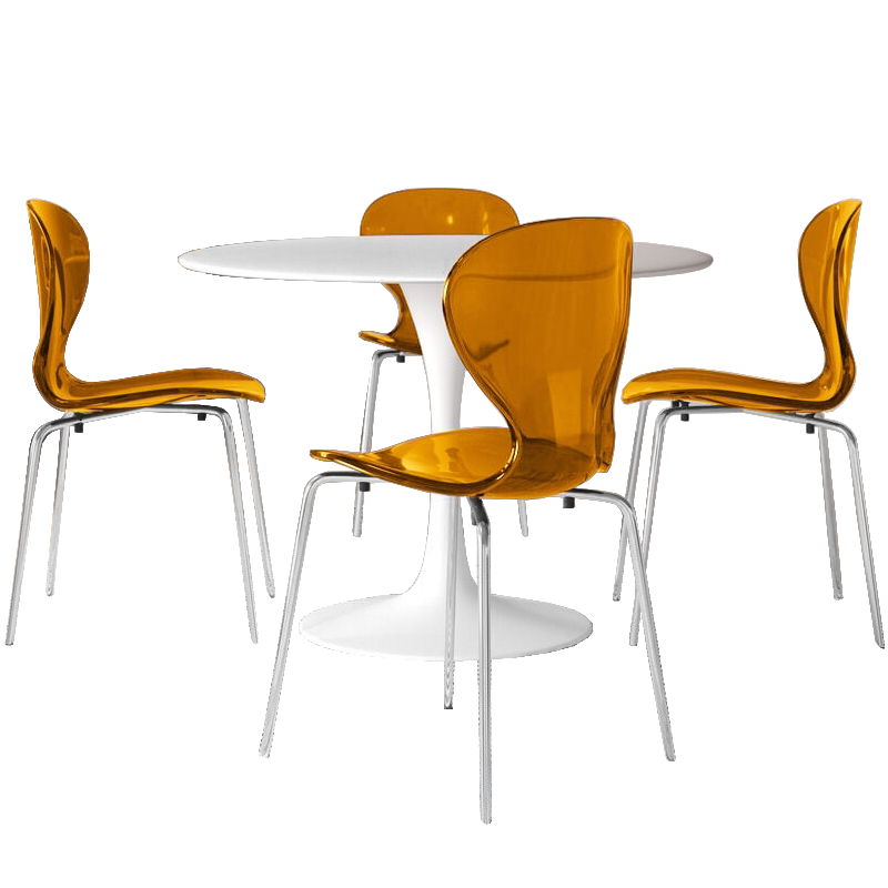 LeisureMod 5-Piece Dining Set Round White MDF Dining Table and 4 Plastic Dining Chairs with Chrome Legs Transparent Orange