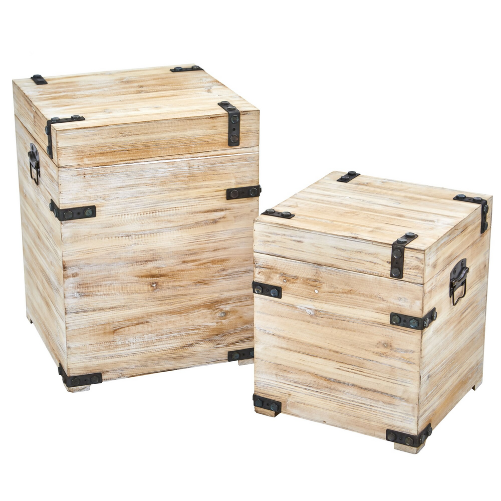 Decorative Whitewash Storage Boxes-Trunks with Metal Detail (Set of 2) Closed