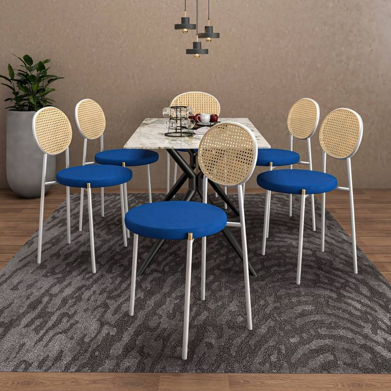 LeisureMod 7-Piece Dining Set with Rectangular Sintered Stone Dining Table and 6 Velvet Dining Side Chairs with Wicker Back Navy Blue in Room.