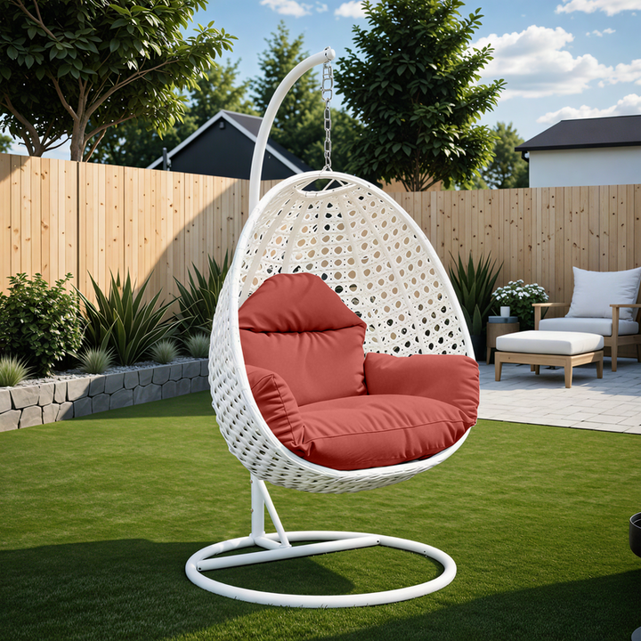 LeisureMod White Wicker Hanging Egg Swing Chair Cherry