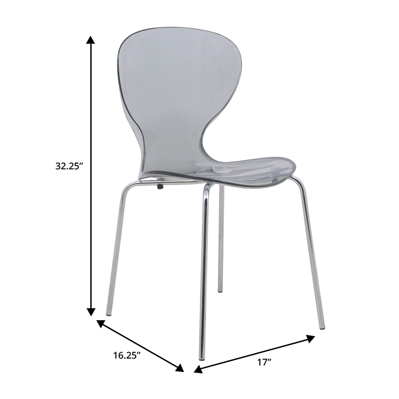 LeisureMod 5-Piece Dining Set Round White MDF Dining Table and 4 Plastic Dining Chairs with Chrome Legs Transparent Black Chair Dimensions.