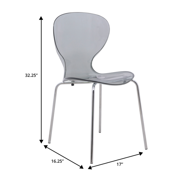 LeisureMod 5-Piece Dining Set Round White MDF Dining Table and 4 Plastic Dining Chairs with Chrome Legs Transparent Black Chair Dimensions.