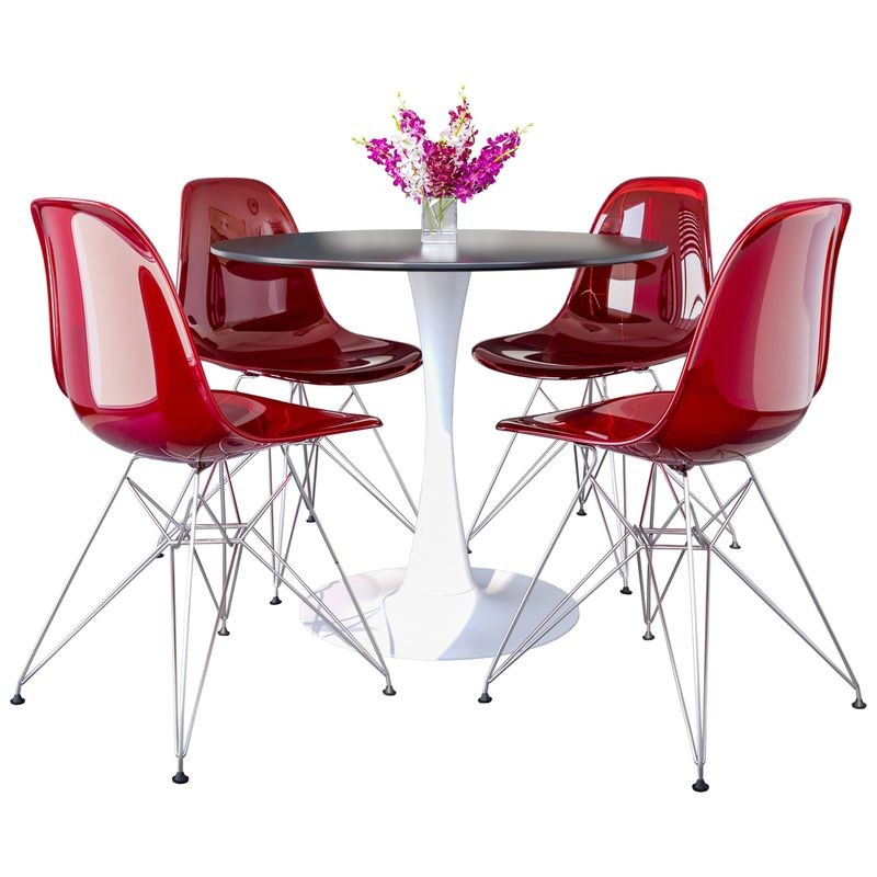 LeisureMod 5-Piece Dining Set 35" Round Dining Table in White Iron 4 ABS Plastic Side Chair in Chrome Transparent Red