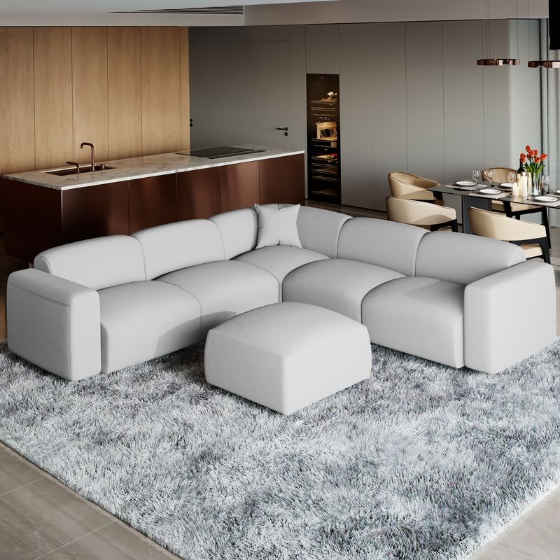 LeisureMod Whisper 4-Seater Conversation Set with a Chaise Lounge Chair in Taupe in Living Room.