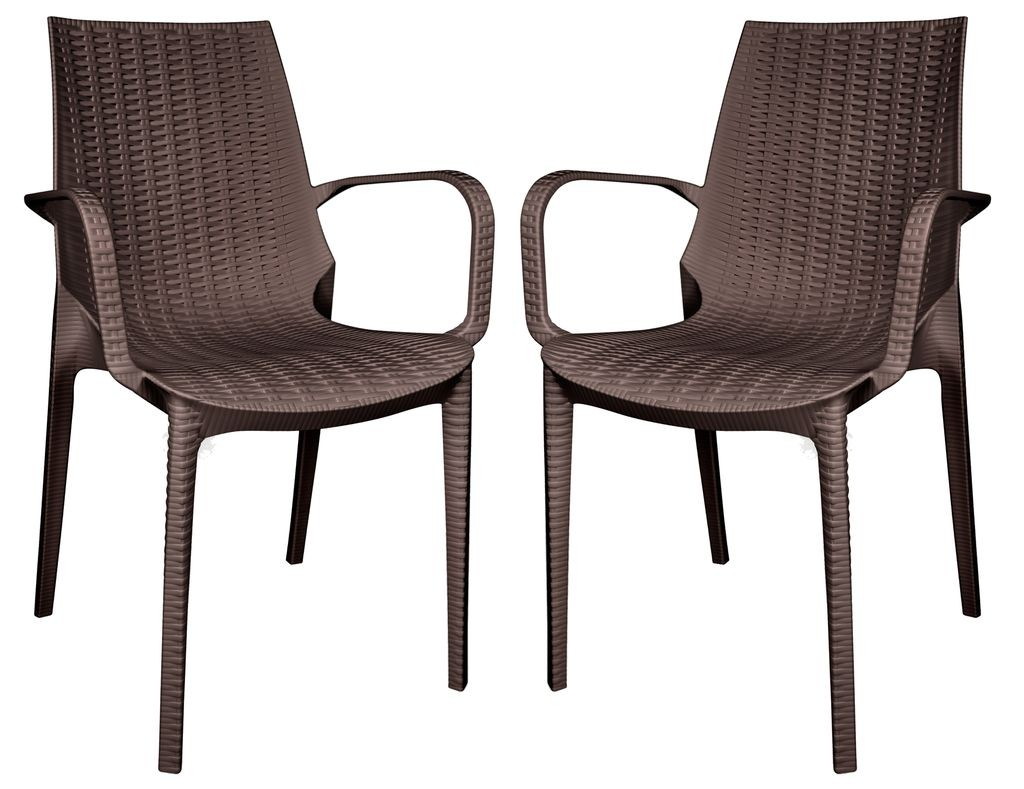 LeisureMod Kent Outdoor Patio Plastic Dining Armchair, Set of 2 Brown
