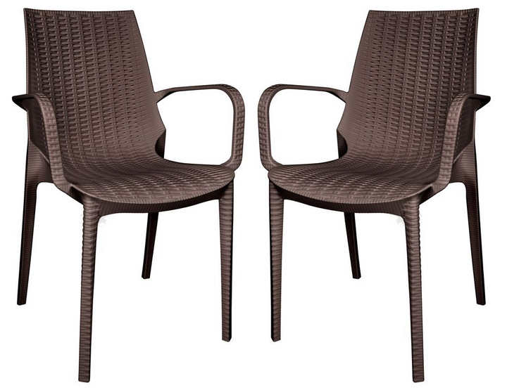 LeisureMod Kent Outdoor Patio Plastic Dining Armchair, Set of 2 Brown