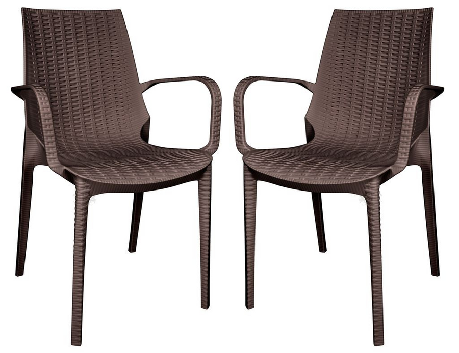LeisureMod Kent Outdoor Patio Plastic Dining Armchair, Set of 2 Brown