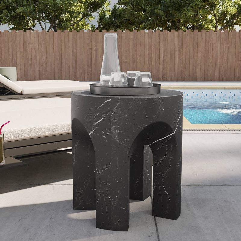 LeisureMod Crus Collection Fiberglass Outdoor Side Table Marbleized Black Outside.