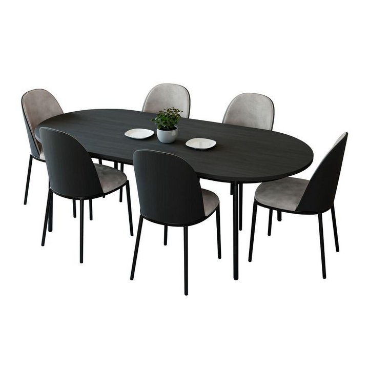 LeisureMod Tule 7-Piece Dining Set in Steel Frame with 6 Upholstered Seat Dining Chairs and 71" Oval Dining Table with MDF Tabletop Black/White