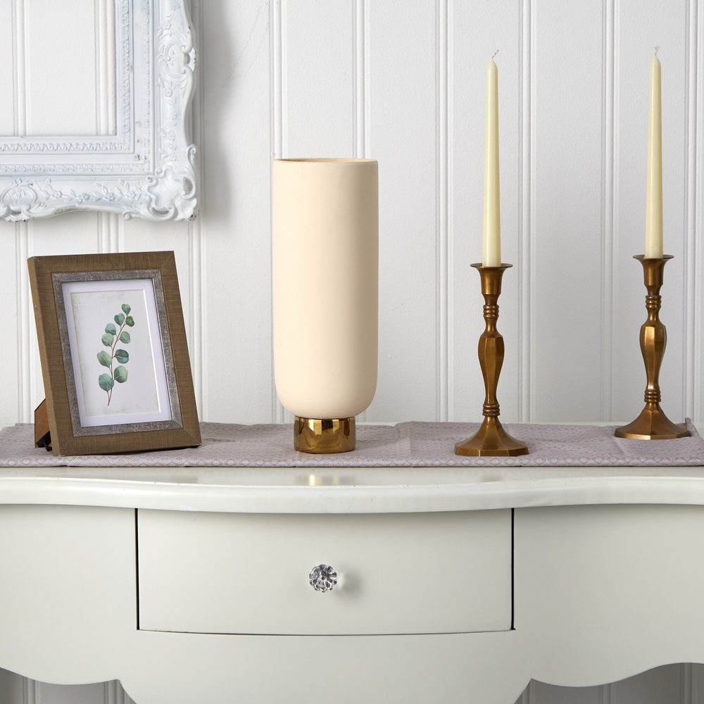 12.75” Elegance Ceramic Cylinder Vase with Gold Accents on Table