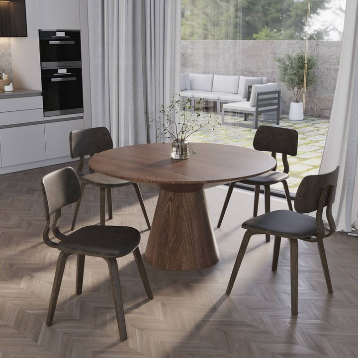 LeisureMod 5-Piece Dining Set with Round Wooden Table in Walnut and 4 Leather Dining Chairs in Dark Walnut/Brown in Room.