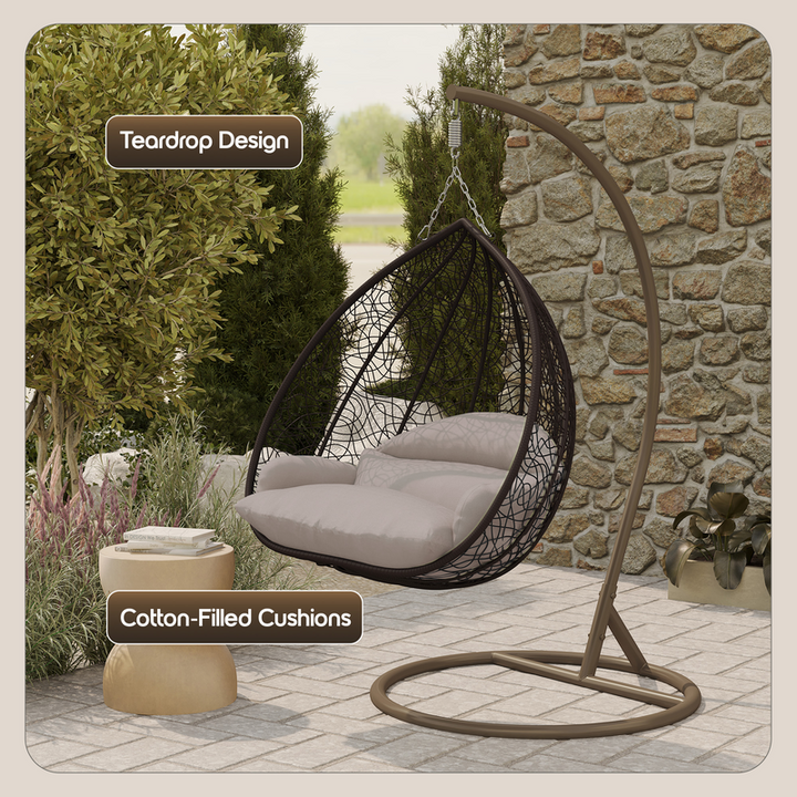Leisuremod Recluse Collection Modern Outdoor Swing Chair Brown Frame with ES57 Beige Cushion Details.