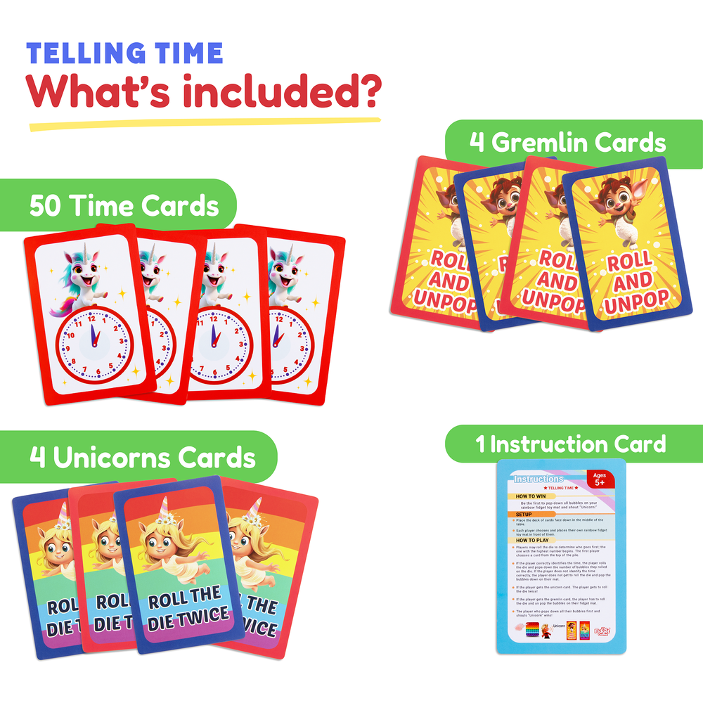 Educational card set with time cards, gremlin cards, unicorn cards, and an instruction card on a colorful background.