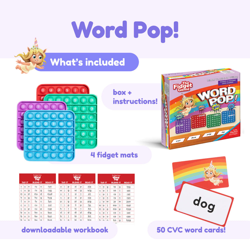 Word Pop! educational toy set with fidget mats, workbook, and word cards on a white background.