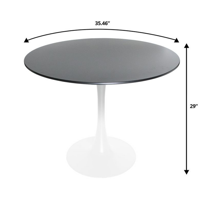 LeisureMod 5-Piece Dining Set 35" Round Dining Table in White Iron 4 ABS Plastic Side Chair in Chrome Transparent Black Table Dimensions.