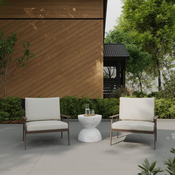 LeisureMod Sage Collection Fiberglass Outdoor Side Table in Marbled White Outside.