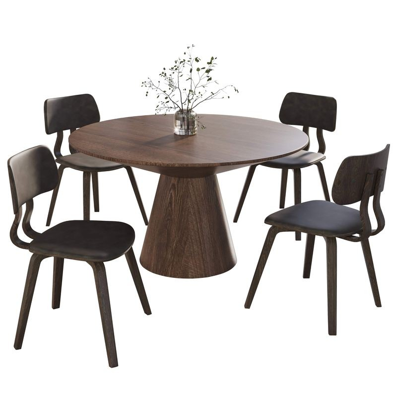 LeisureMod 5-Piece Dining Set with Round Wooden Table in Walnut and 4 Leather Dining Chairs in Dark Walnut/Brown
