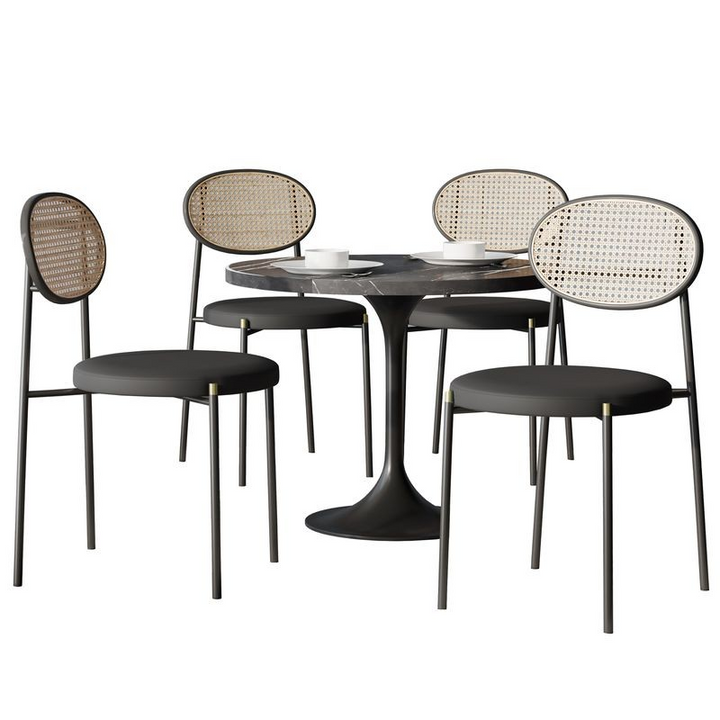 LeisureMod 5-Piece Dining Set with 36" Round Dining Table Black Sintered Stone Top and Black Pedestal with 4 Velvet Dining Chairs in Black Steel Legs in Black