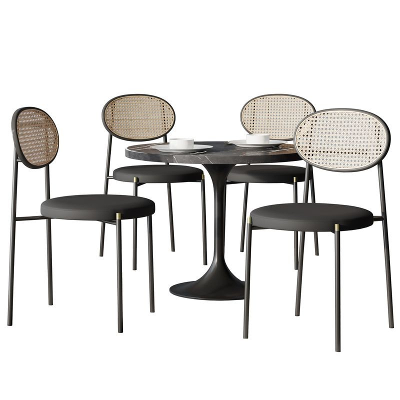 LeisureMod 5-Piece Dining Set with 36" Round Dining Table Black Sintered Stone Top and Black Pedestal with 4 Velvet Dining Chairs in Black Steel Legs in Black