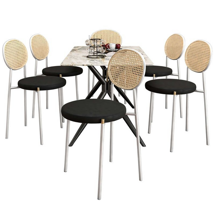 LeisureMod 7-Piece Dining Set with Rectangular Sintered Stone Dining Table and 6 Velvet Dining Side Chairs with Wicker Back Black