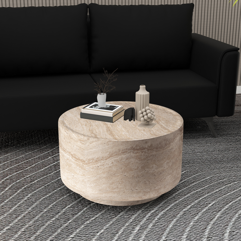 LeisureMod Terra Collection Fiberglass Outdoor Coffee Table in Travertine in Room.