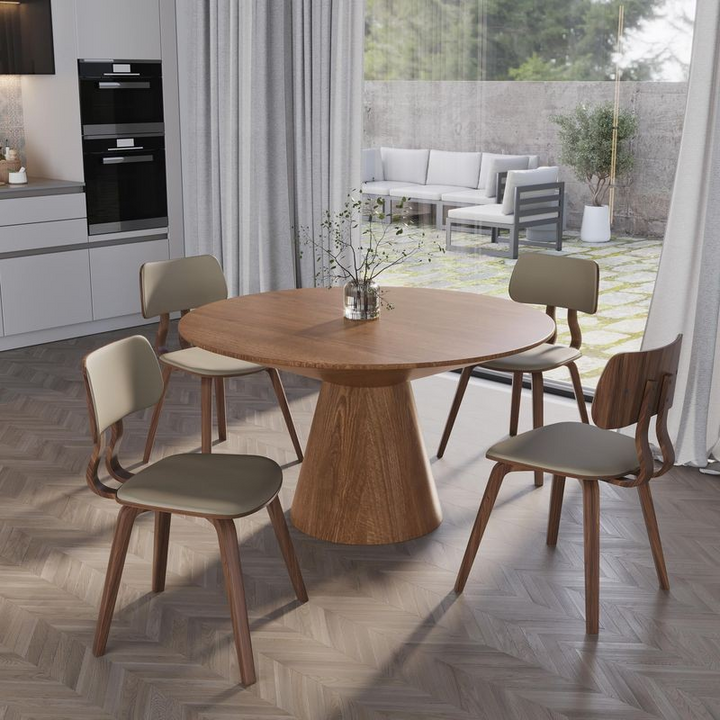 LeisureMod 5-Piece Dining Set with Round Wooden Table in Natural Wood and 4 Leather Dining Chairs in Walnut/Light Brown in Room.