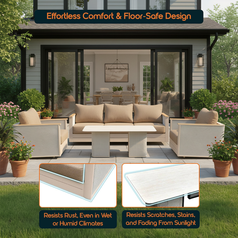 LeisureMod 4-Piece Conversation Set with Coffee Table, Sofa, and 2 Accent Chairs in Taupe Arvin Collection Taupe Description.