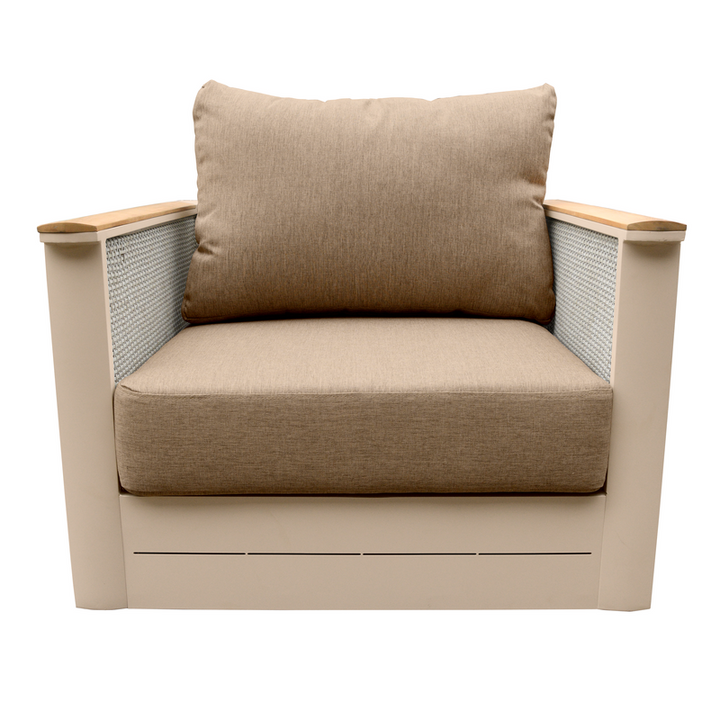 LeisureMod 4-Piece Conversation Set with Coffee Table, Sofa, and 2 Accent Chairs in Taupe Arvin Collection Taupe Front Chair Photo.