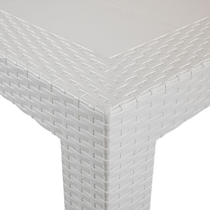 LeisureMod Mace Weave Design Outdoor Dining Table White Corner.