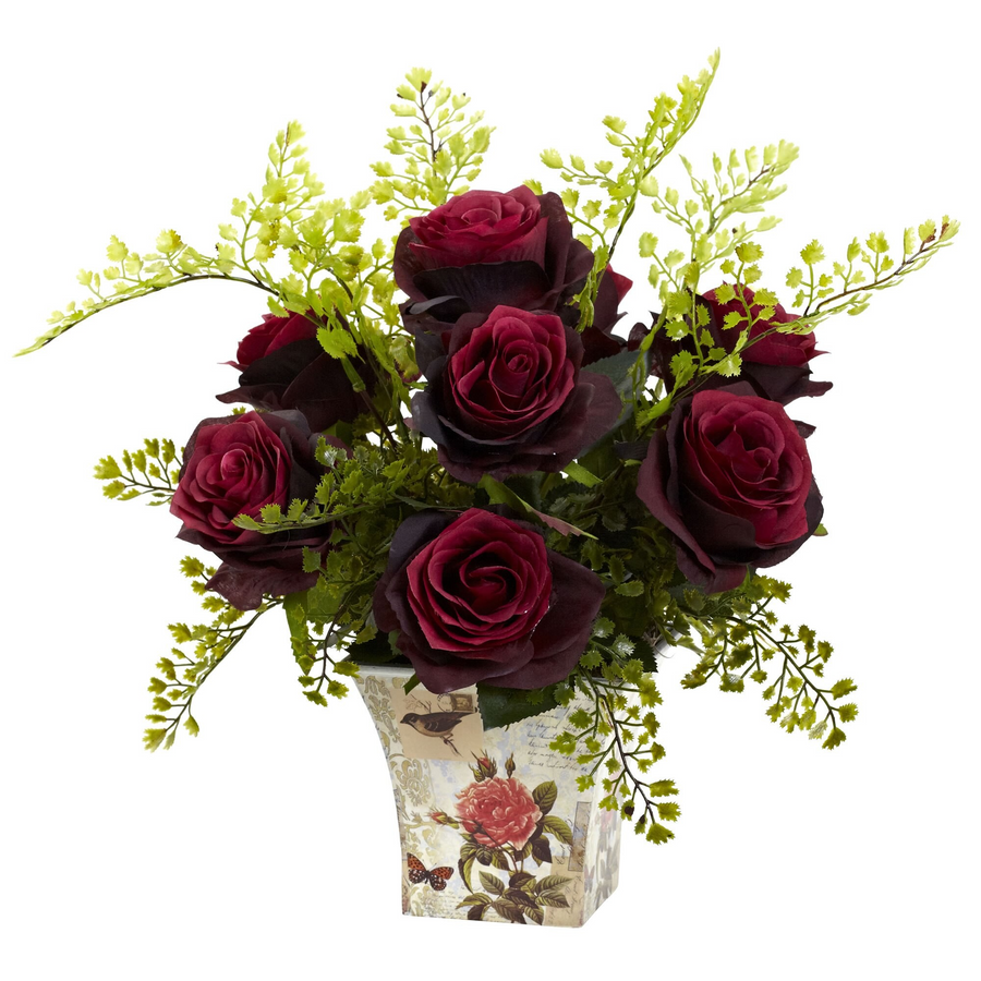 Rose and Maiden Hair w/Floral Planter (Burgundy)