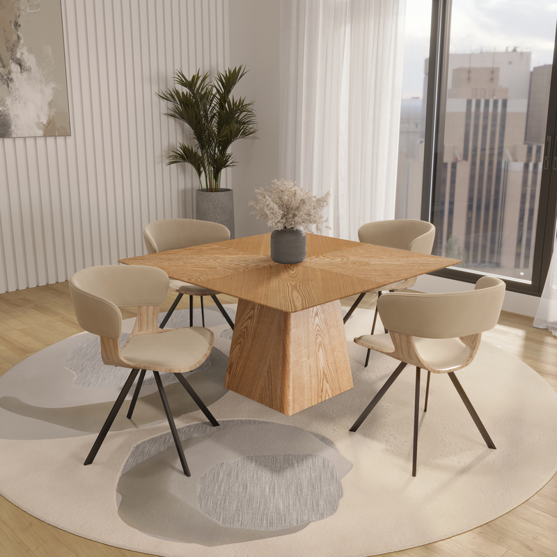 LeisureMod 5-Piece Dining Set with Square Wooden Table in Natural Wood and 4 Leather Dining Chairs in Washed Walnut/Taupe in Room.