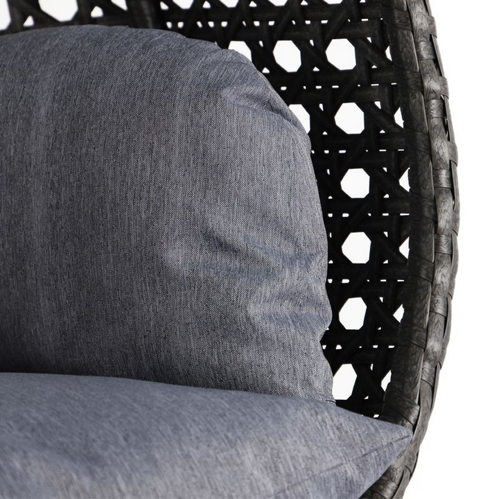LeisureMod Charcoal Wicker Hanging 2 person Egg Swing Chair Charcoal Blue Closeup.