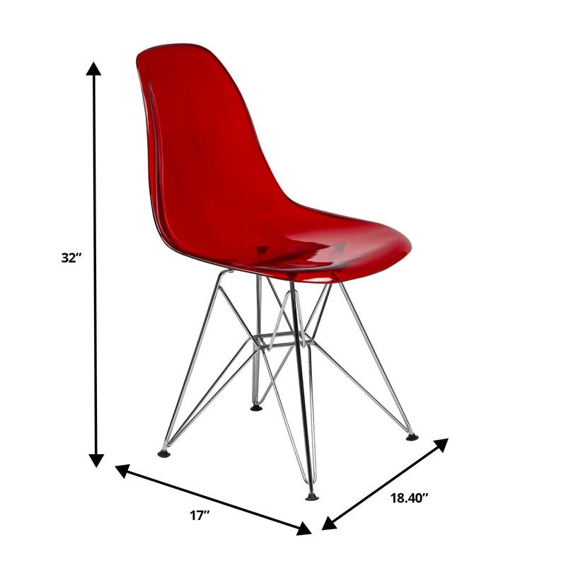 LeisureMod 5-Piece Dining Set 35" Round Dining Table in White Iron 4 ABS Plastic Side Chair in Chrome Transparent Red Chair Dimensions.