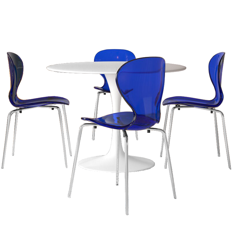 LeisureMod 5-Piece Dining Set Round White MDF Dining Table and 4 Plastic Dining Chairs with Chrome Legs Transparent Blue