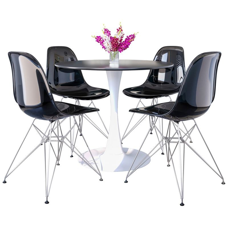 LeisureMod 5-Piece Dining Set 35" Round Dining Table in White Iron 4 ABS Plastic Side Chair in Chrome Transparent Black
