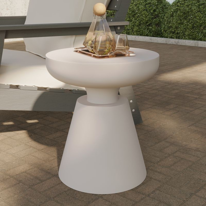 LeisureMod Isle Collection Fiberglass Outdoor Side Table in Cream Outside.
