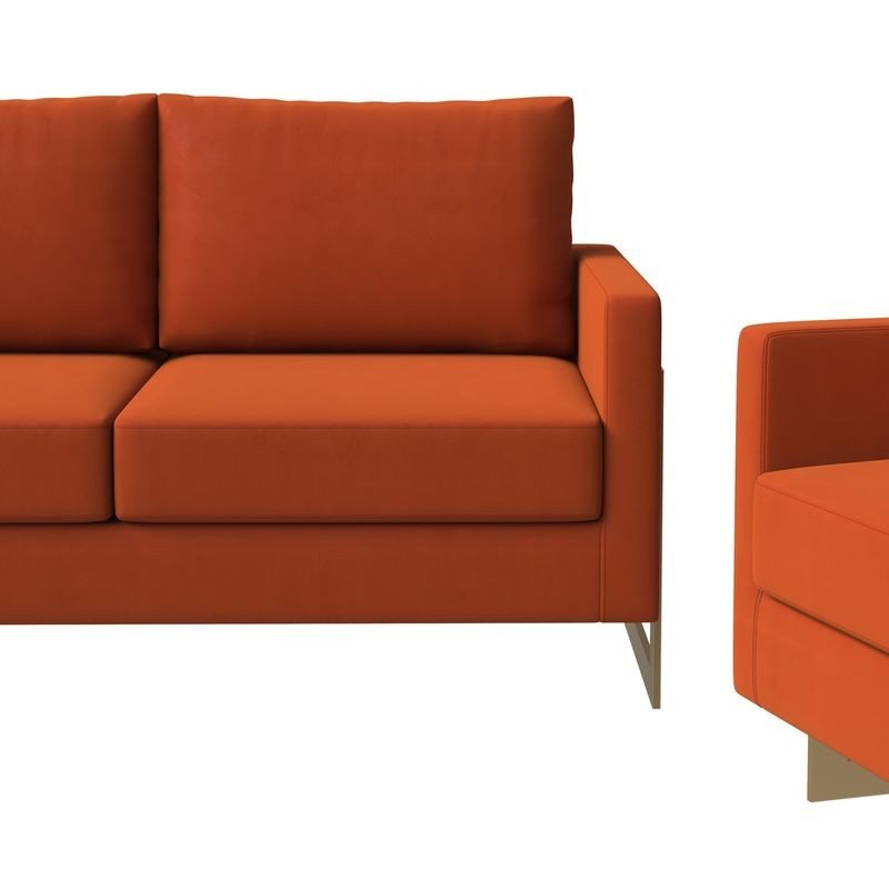 LeisureMod Lincoln 3-Piece Velvet Living Room Sofa Set with Gold Frame Orange Marmalade Closeup.