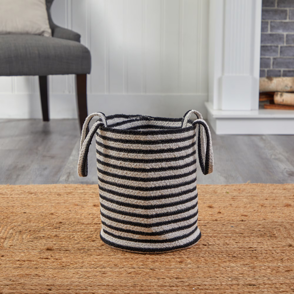 13” Boho Chic Basket Natural Cotton, Handwoven Black and White Stripe with Handles with Background