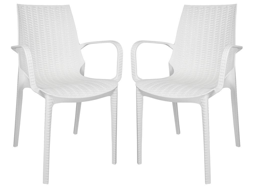 LeisureMod Kent Outdoor Patio Plastic Dining Armchair, Set of 2 White