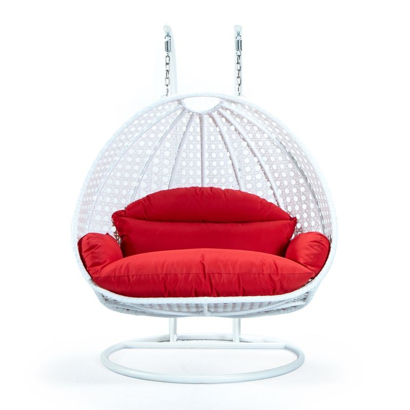 LeisureMod White Wicker Hanging 2 person Egg Swing Chair Red Front View.